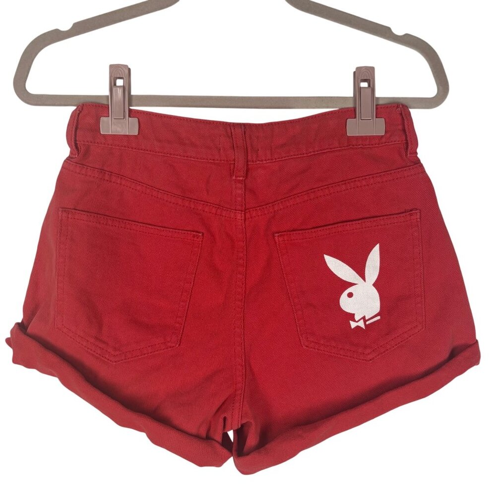Playboy By Pacsun 26 Red High-Waisted Denim Rolled Cuff Hem Shorts Y2K